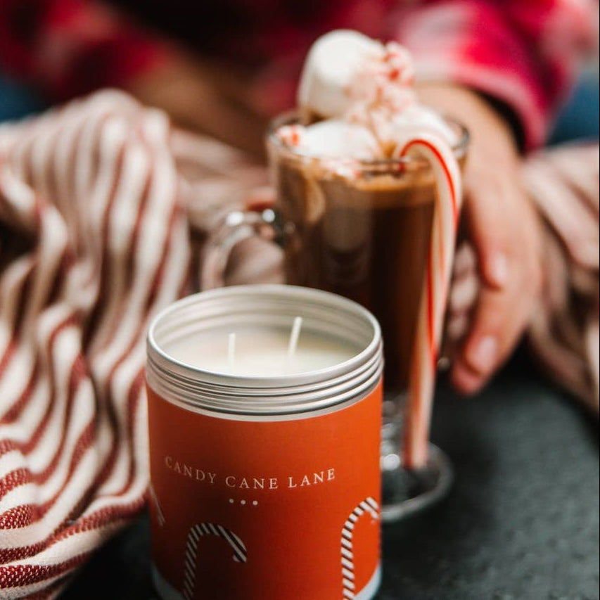 Candy Cane Lane Large Soy Candle Tin made in Michigan by Kalamazoo Candle Company