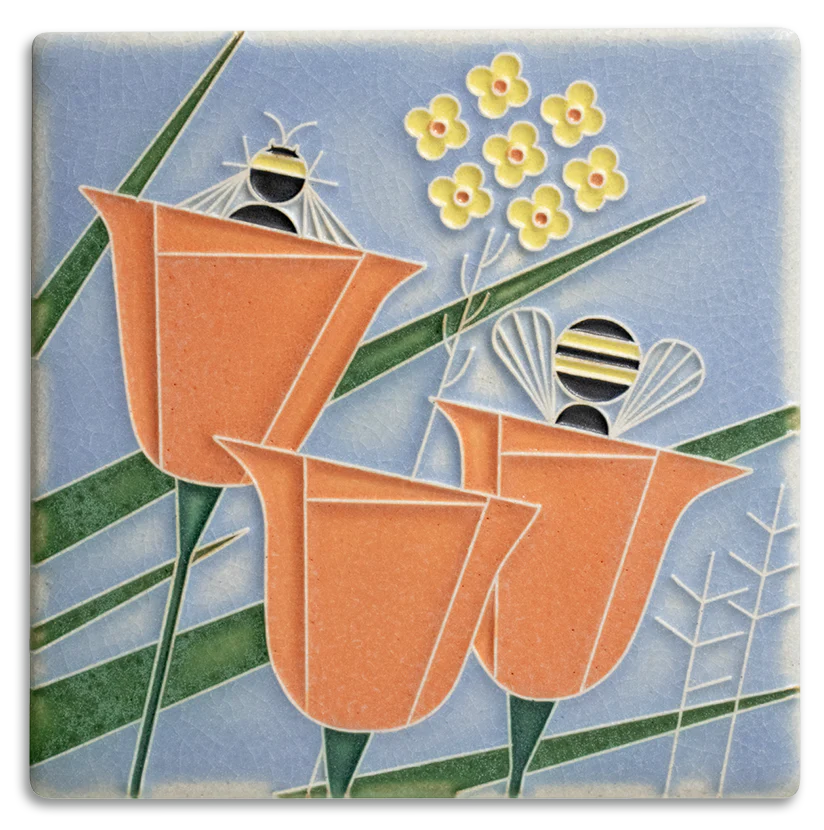 Motawi's 6x6 Art Tile, "Coming & Going" based on Charley Harper's design of bumblebees in a field of buttercups.