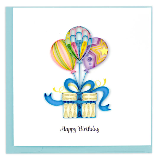 Birthday card with colorful balloons and a gift box on a white background