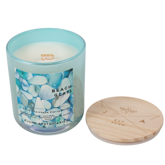 Beach Glass 12 oz Glass Wooden Wick Candle