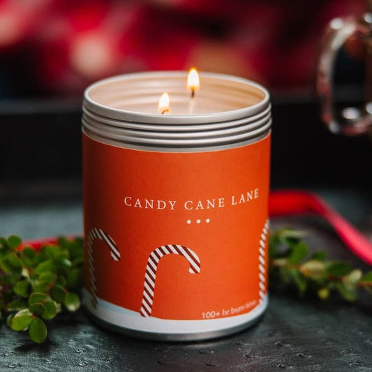 Candy Cane Lane Large Soy Candle Tin made in Michigan by Kalamazoo Candle Company