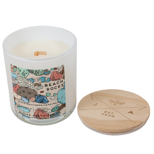 Beach Rocks 12 oz Glass Wooden Wick Candle