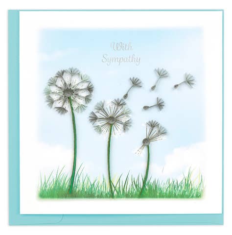 Sympathy card with dandelion illustrations on a light blue background