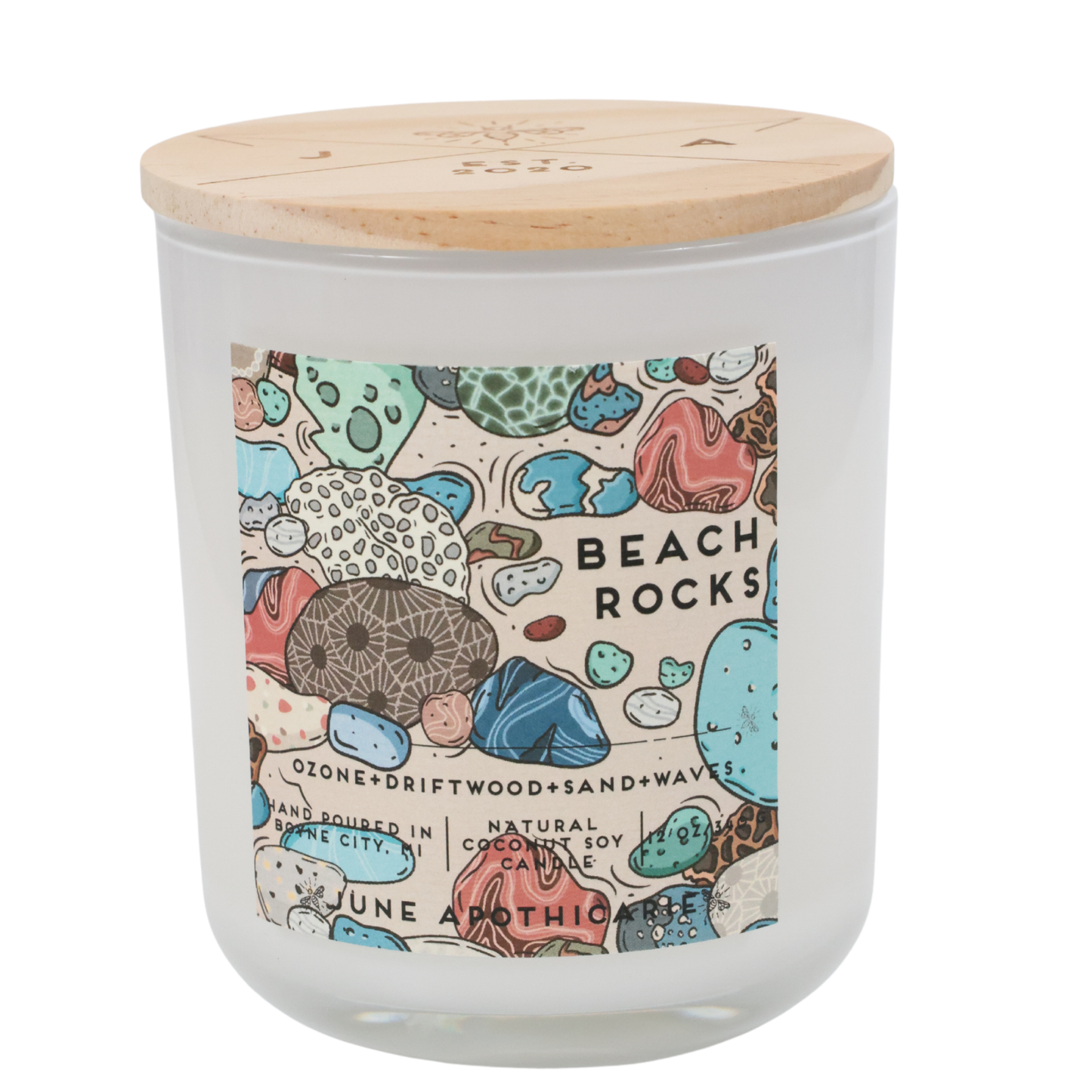 Beach Rocks 12 oz Glass Wooden Wick Candle