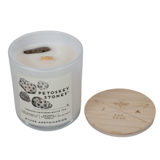 Petoskey Stones® 12 oz Glass Wooden Wick Candle