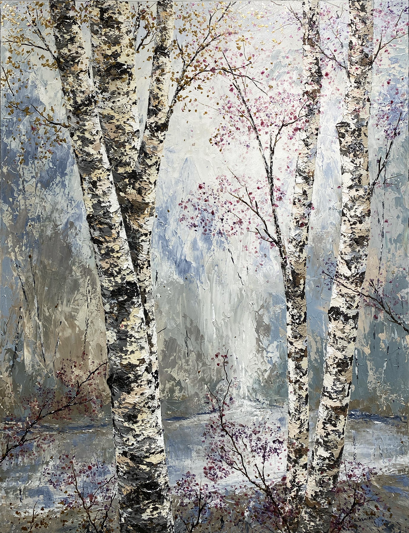 After the Rain.  Morning has Broken. A birch tree painting by Michigan artist Gerd Schmidt.