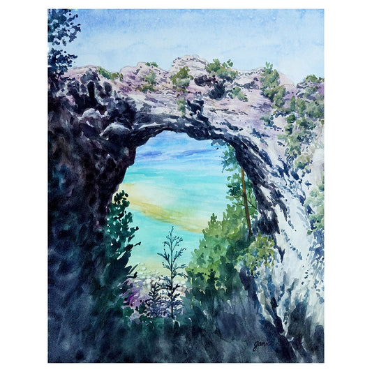 Arch Rock&nbsp;is an original painting by Michigan Artist Janice Dumas of Mackinac Island's iconic view through the limestone rock. This piece looks great on an easel or in a frame.