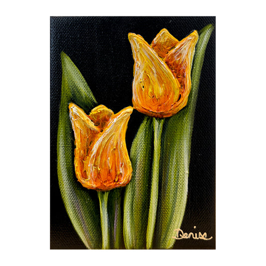 Contemporary floral painting of tulips featured in the "Baby Blooms" collection by Michigan artist Denise Cassidy. Original, artist-signed, acrylic and mixed-media on gallery-wrapped canvas painting.