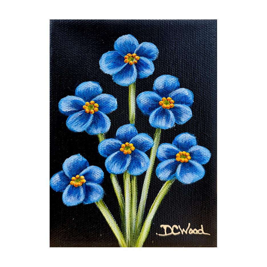 Contemporary floral painting of forget-me-nots featured in the "Baby Blooms" collection by Michigan artist Denise Cassidy. Original, artist-signed, acrylic and mixed-media on gallery-wrapped canvas painting.