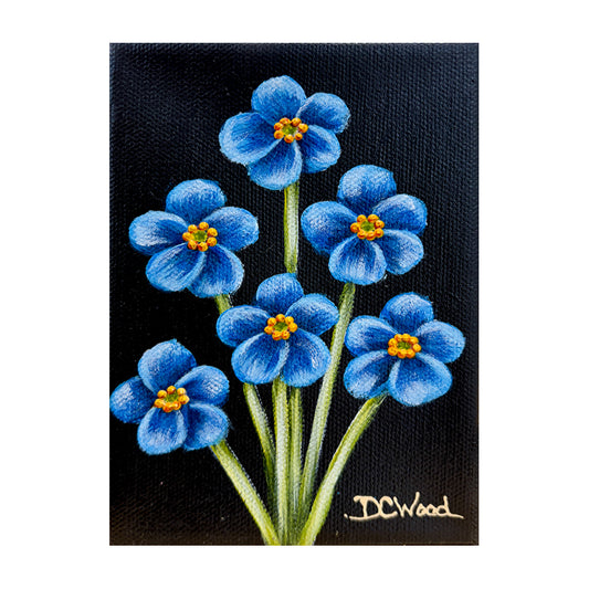 Contemporary floral painting of forget-me-nots featured in the "Baby Blooms" collection by Michigan artist Denise Cassidy. Original, artist-signed, acrylic and mixed-media on gallery-wrapped canvas painting.