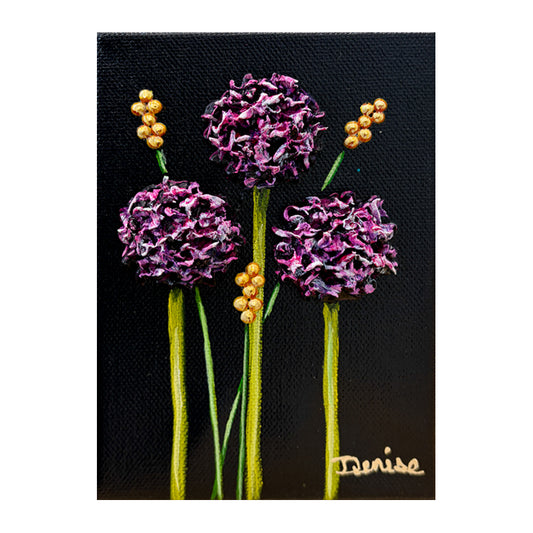 Contemporary floral painting of allium featured in the "Baby Blooms" collection by Michigan artist Denise Cassidy. Original, artist-signed, acrylic and mixed-media on gallery-wrapped canvas painting.
