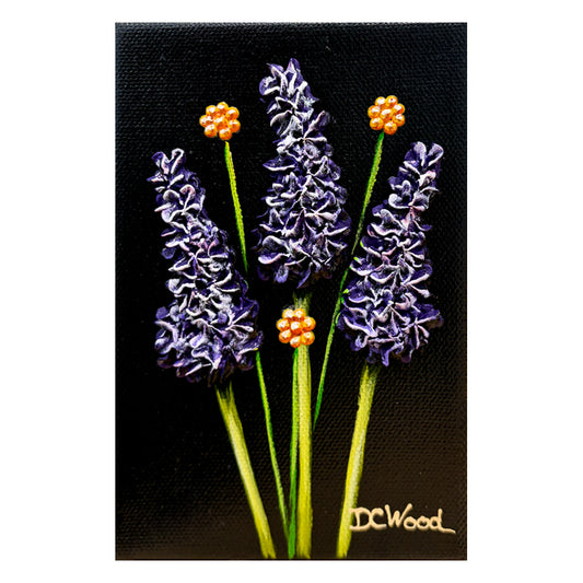 Contemporary floral painting featured in the "Baby Blooms" collection by Michigan artist Denise Cassidy. Original, artist-signed, acrylic and mixed-media on gallery-wrapped canvas painting.