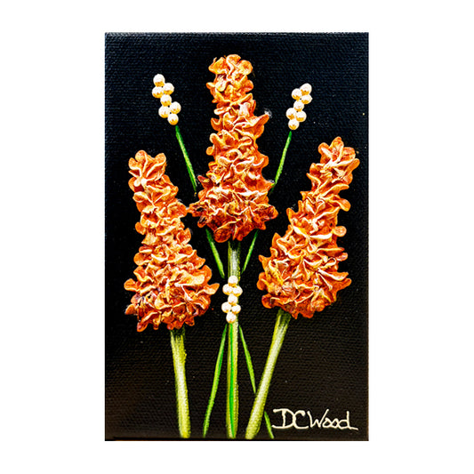 Contemporary floral painting inspired by goldenrod featured in the "Baby Blooms" collection by Michigan artist Denise Cassidy. Original, artist-signed, acrylic and mixed-media on gallery-wrapped canvas painting.