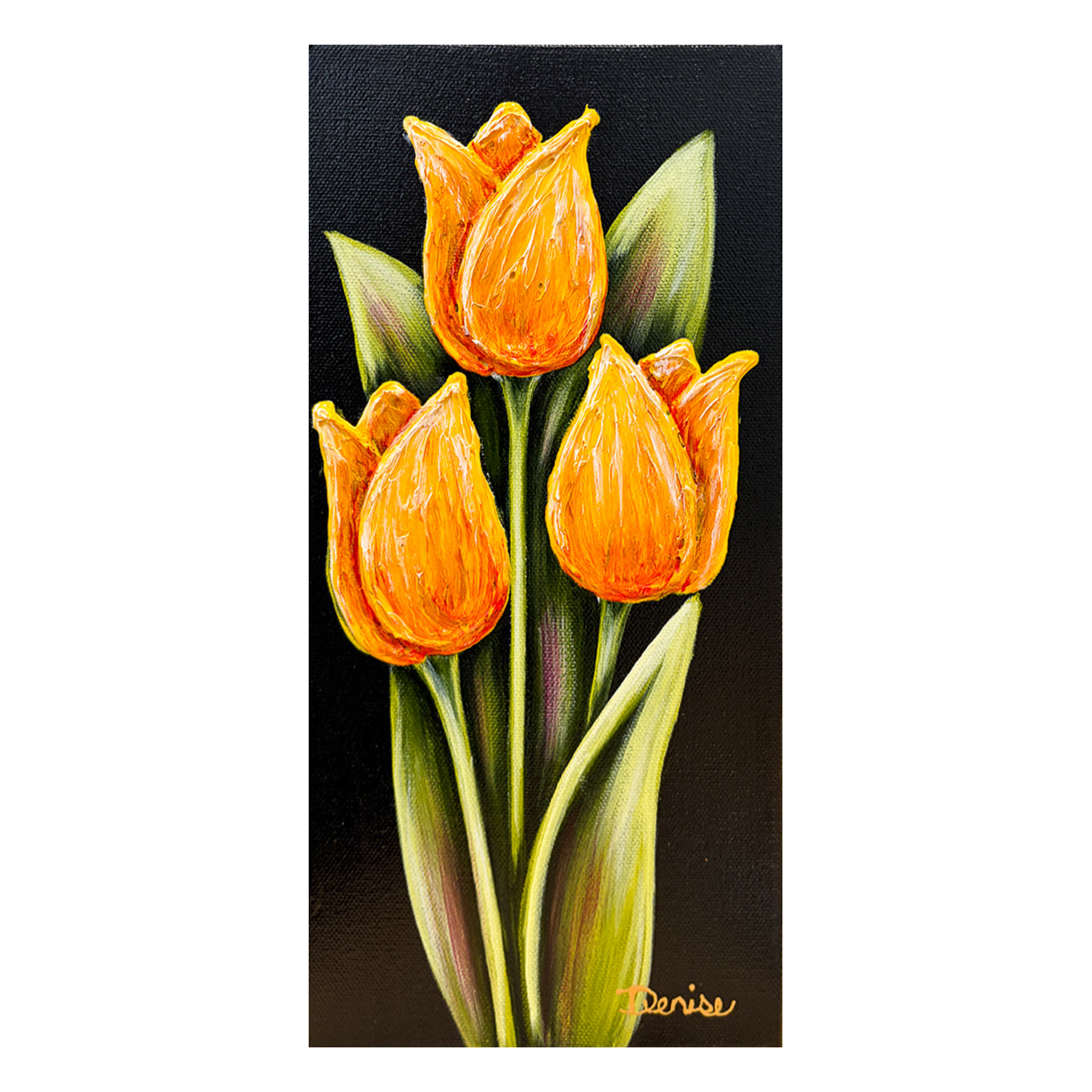 "Tulips" contemporary floral paintings by Michigan artist Denise Cassidy. Size 6 x 12 x 1.5 in. Original, artist-signed, acrylic and mixed-media on gallery-wrapped canvas painting.