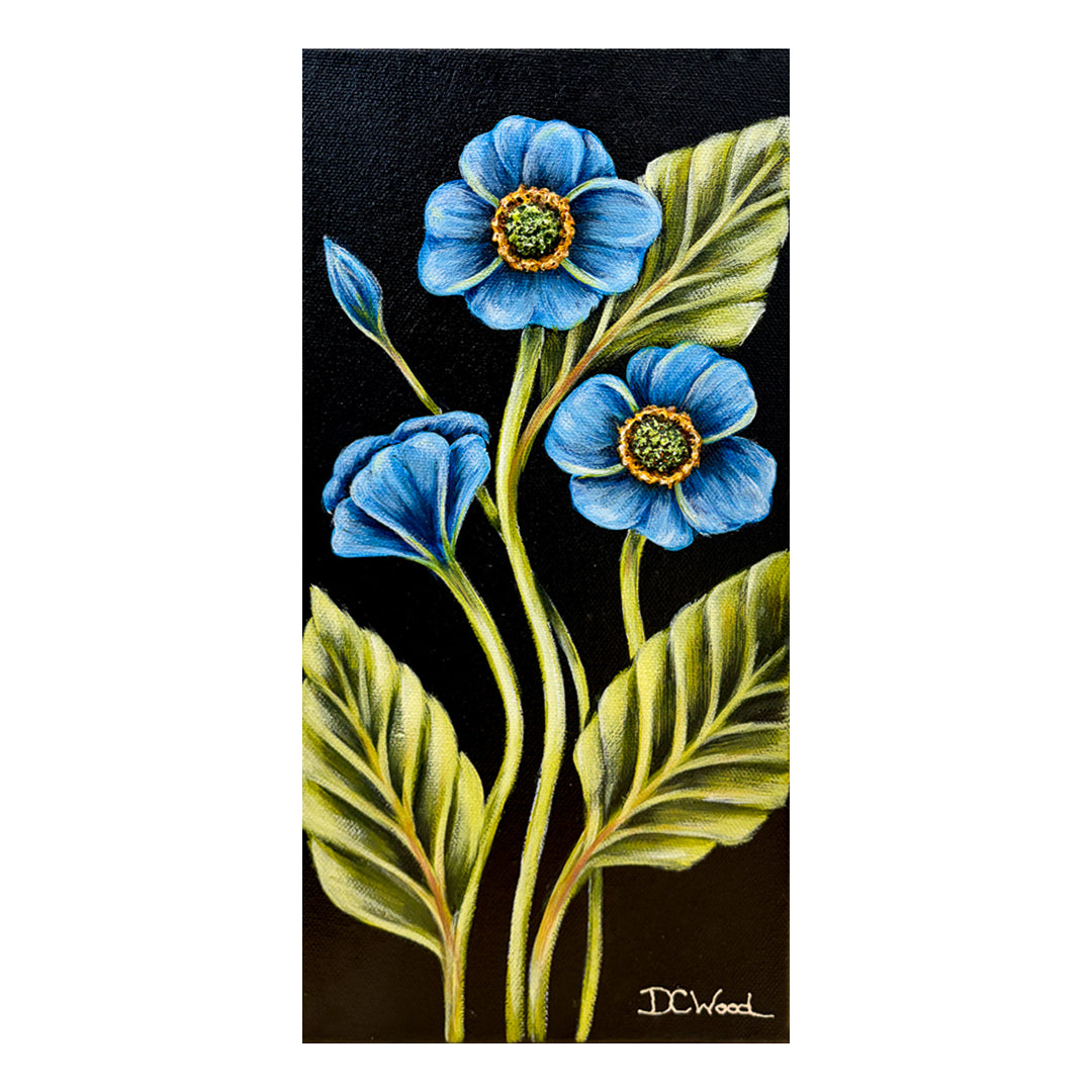 Painting of blue forget-me-not flowers with green leaves on a black background by Michigan artist Denise Cassidy.