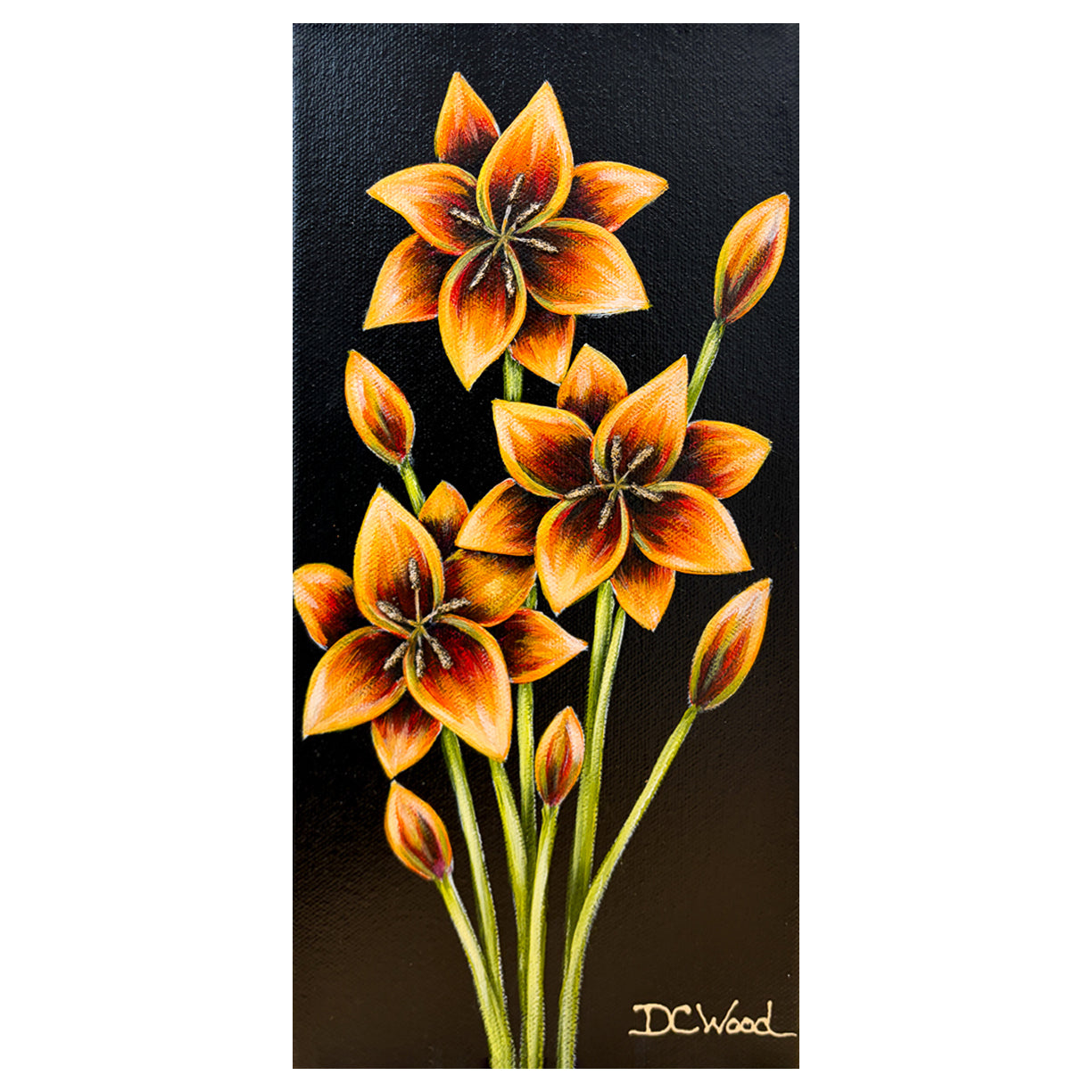 Contemporary floral painting by Michigan artist Denise Cassidy. Size 6 x 12 x 1.5 in. Original, artist-signed, acrylic and mixed-media on gallery-wrapped canvas painting.