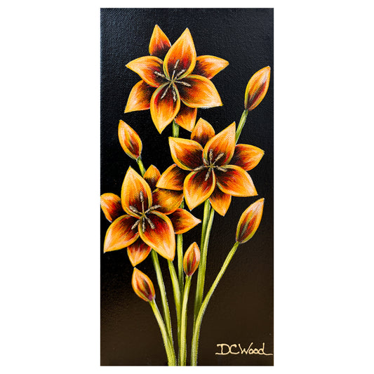 Contemporary floral painting by Michigan artist Denise Cassidy. Size 6 x 12 x 1.5 in. Original, artist-signed, acrylic and mixed-media on gallery-wrapped canvas painting.