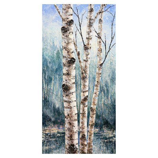 A stunning original painting of birch trees and a woodland pond by Gerd Schmidt that showcases the beauty of quiet forest scenery.