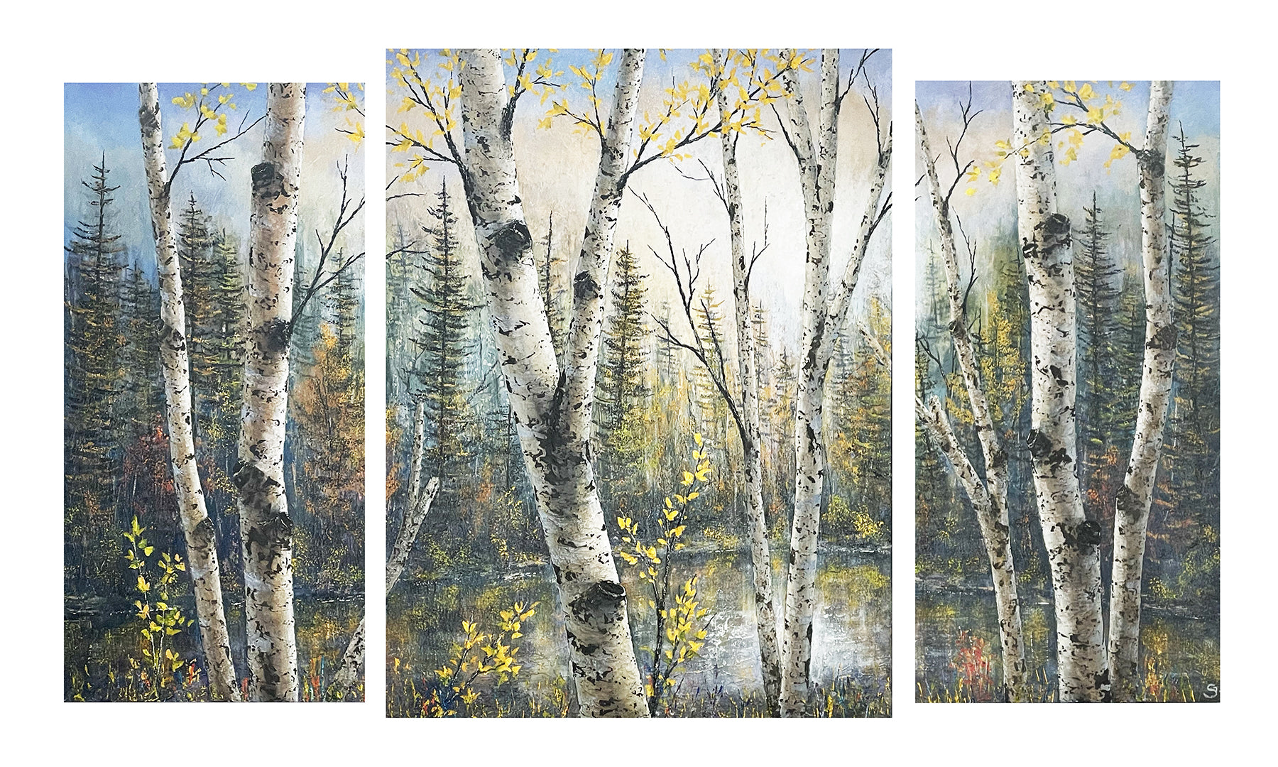 Birch Triptych Acrylic Painting by Michigan Artist Gerd Schmidt.