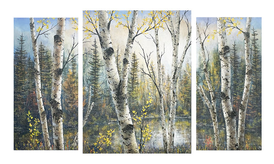 Birch Triptych Acrylic Painting by Michigan Artist Gerd Schmidt.