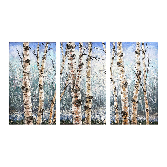 Triptych painting of birch trees with a snowy landscape by Gerd Schmidt of Michigan.