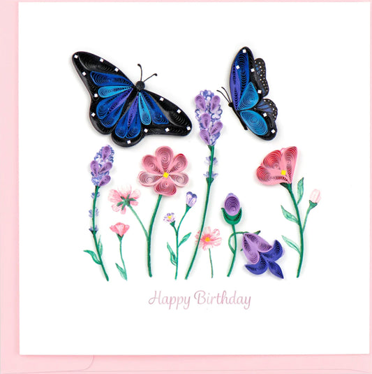 Quilled Birthday Flowers & Blue Butterflies Greeting Card