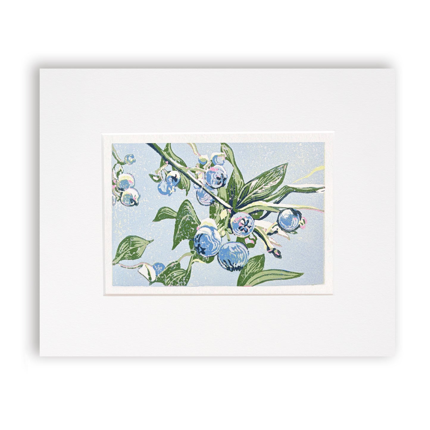 Matted artwork of blueberries and green leaves on a light blue background.