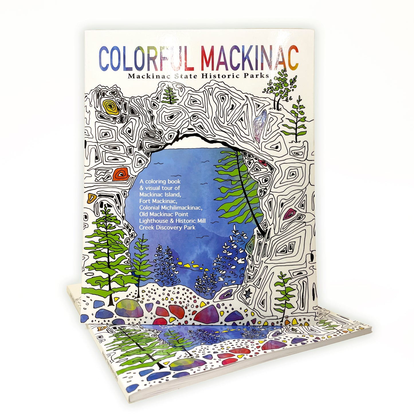 COLORFUL Mackinac, 8 x 10 in. coloring book featuring 30 fun designs to color.  Explore the history and natural wonders of the Mackinac State Historic Parks.  Designs take artists and readers on a visual tour of Mackinac Island, Fort Mackinac, Colonial Michilimackinac, Old Mission Point Lighthouse and Historic Mill Creek Discovery Park. 