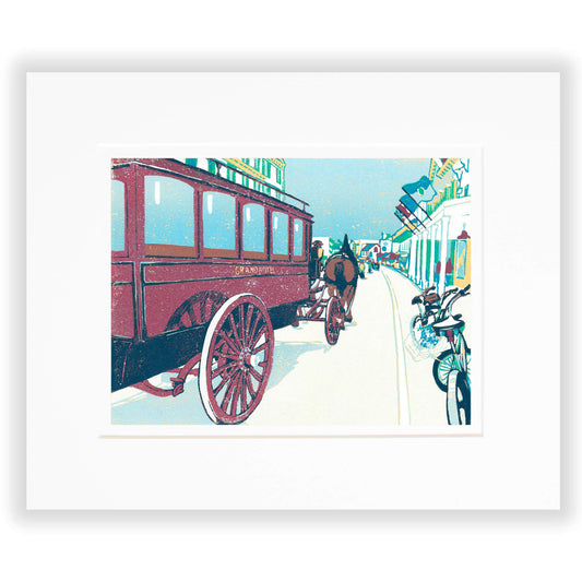 Busy Main is a nine-color 12" x 9" block print inspired by Main Street on Mackinac Island in July. Complete with bikes, a horse-drawn Grand Hotel Carriage and tourists, or "fudgies," this print captures the flow of traffic on the island. Matted in white.