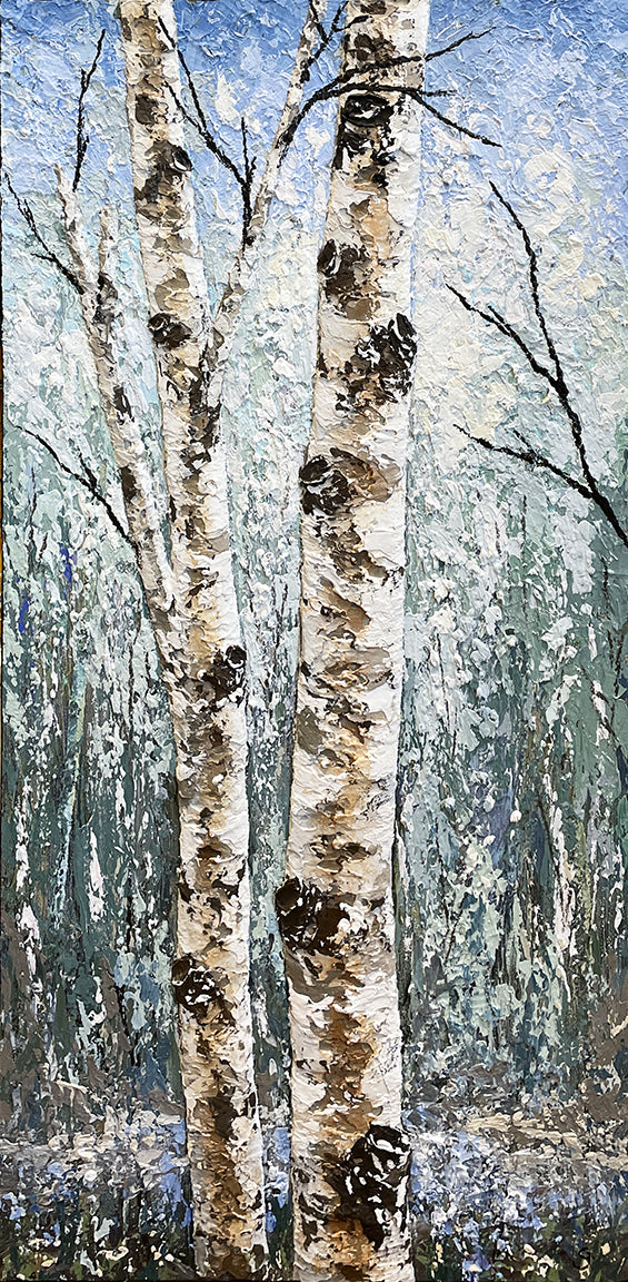 Artistic depiction of birch trees with an abstract background by Gerd Schmidt.