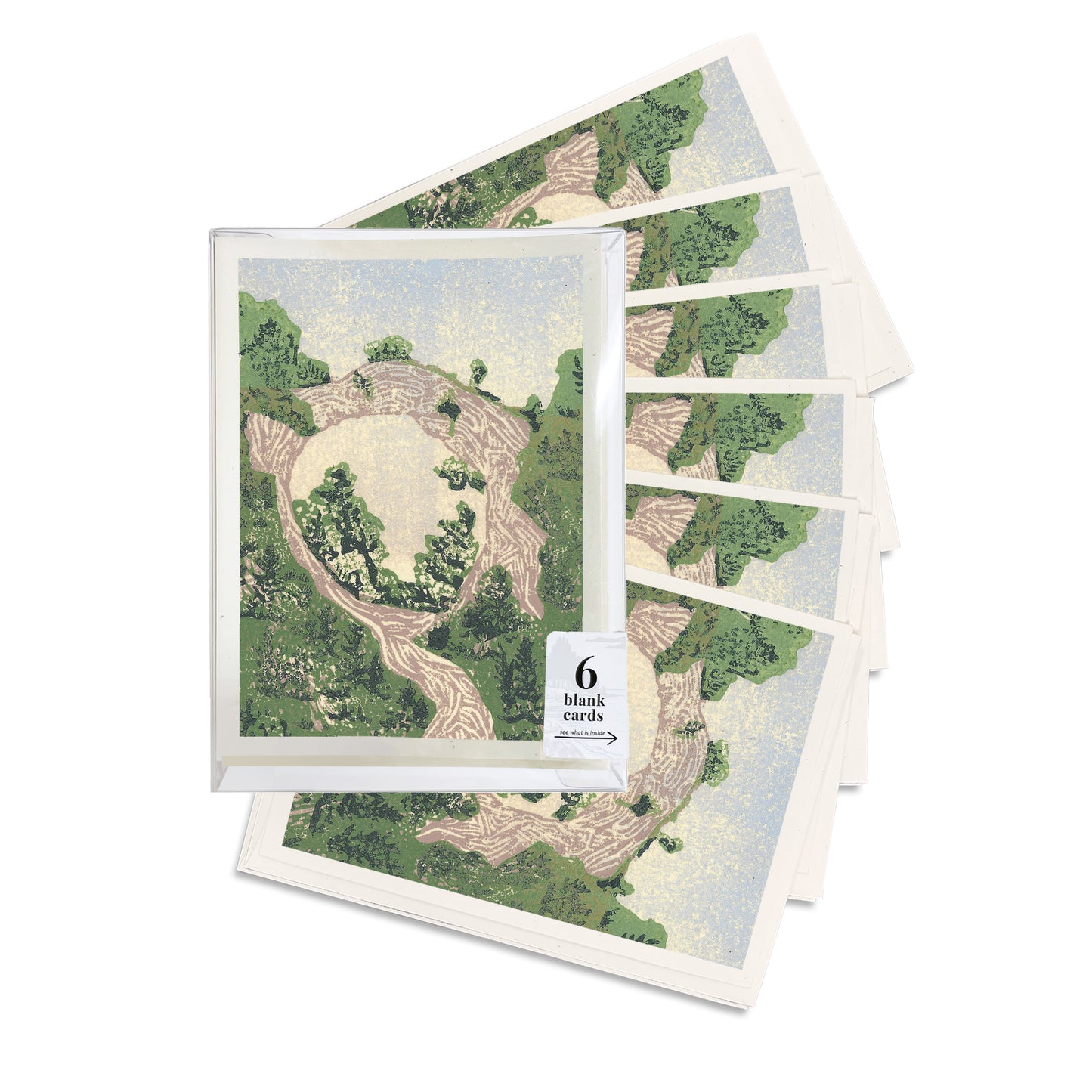 A boxed set of six Arch Rock from Below #2 Blank Greeting Cards - A casually elegant card featuring Mackinac Island art by printmaker Natalia Wohletz of Peninsula Prints.