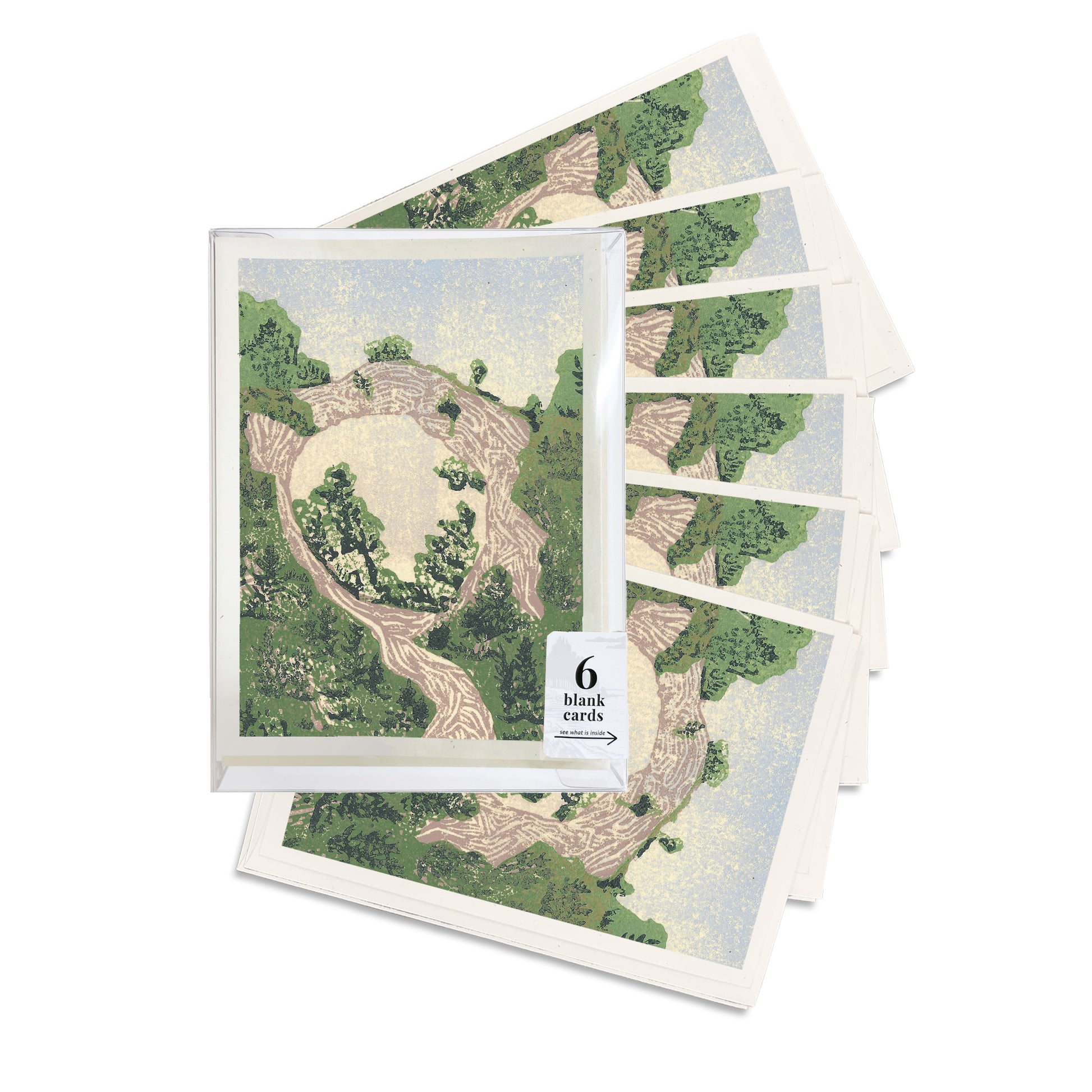 A boxed set of six Arch Rock from Below #2 Blank Greeting Cards - A casually elegant card featuring Mackinac Island art by printmaker Natalia Wohletz of Peninsula Prints.