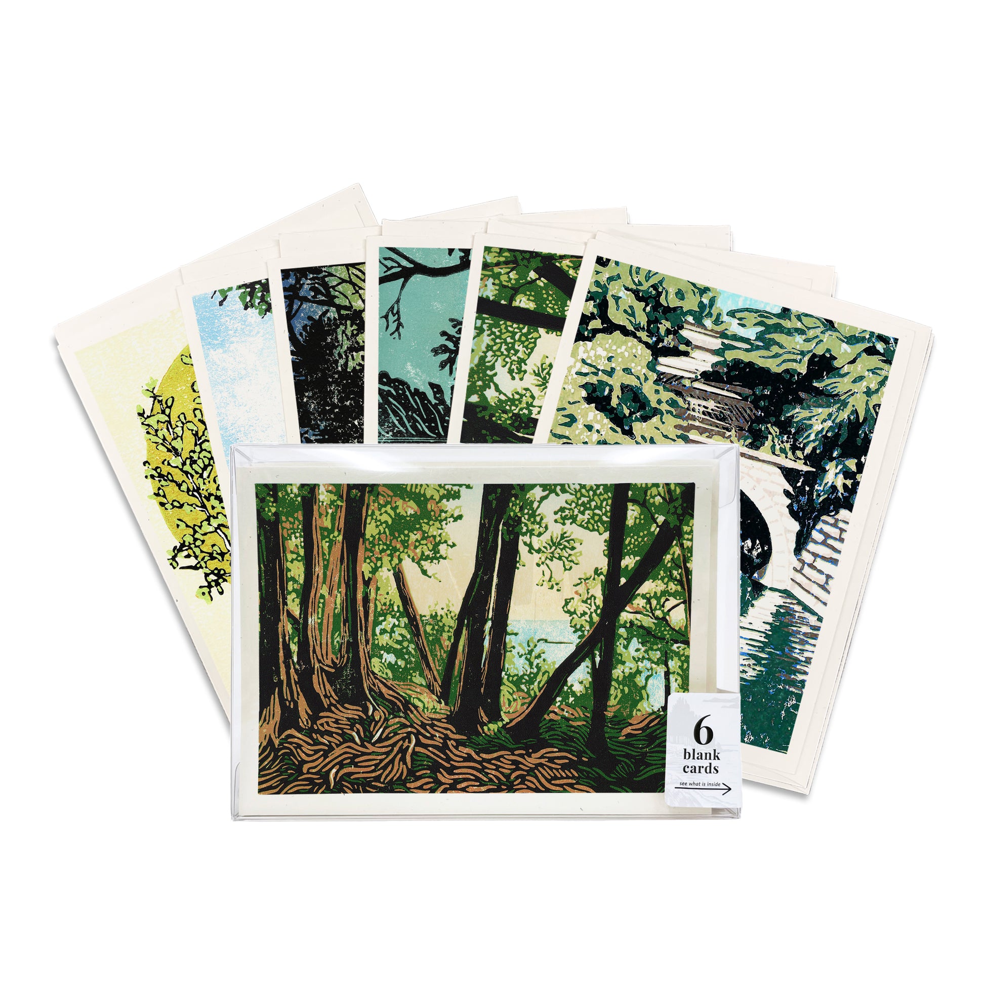 A casually elegant box set of six cards featuring landscape art by printmaker Natalia Wohletz of Peninsula Prints.