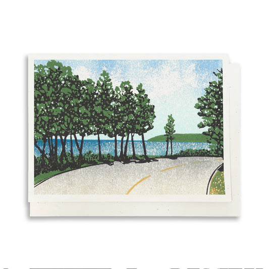 Bend by the Bay.  A casually elegant card featuring a digital reproduction of a block print design with the same title by Natalia Wohletz of Peninsula Prints, Milford and Mackinac Island, Michigan.