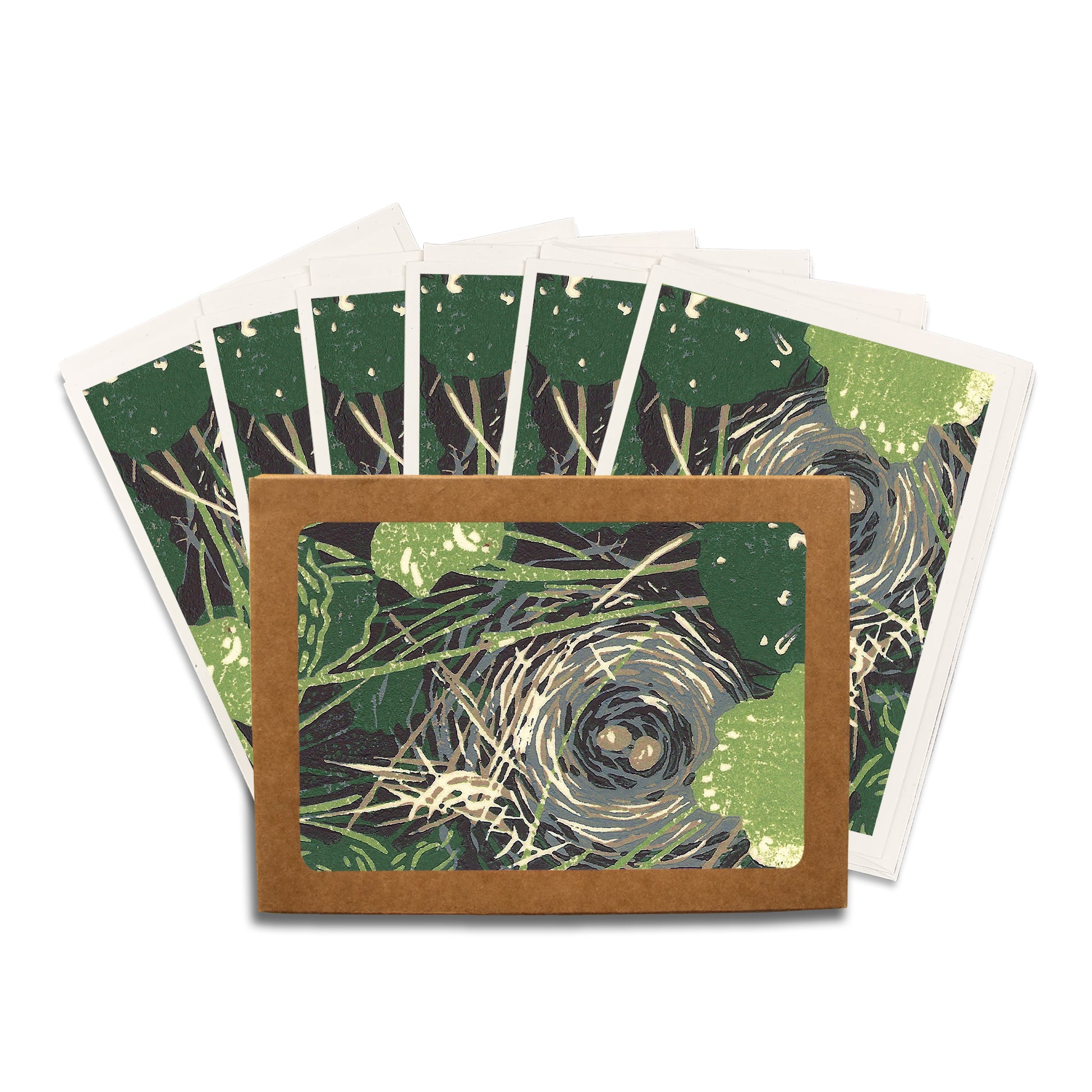 Bird's Nest.  A casually elegant card featuring a digital reproduction of a block print design with the same title by Natalia Wohletz of Peninsula Prints, Milford and Mackinac Island, Michigan.