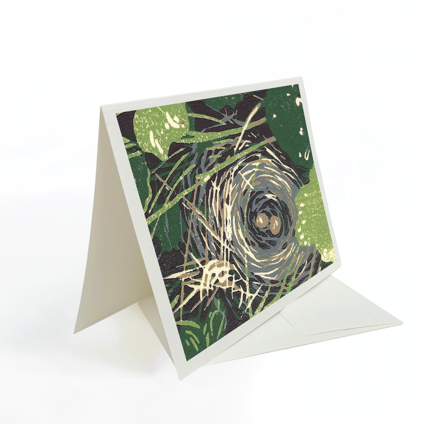 Bird's Nest.  A casually elegant card featuring a digital reproduction of a block print design with the same title by Natalia Wohletz of Peninsula Prints, Milford and Mackinac Island, Michigan.