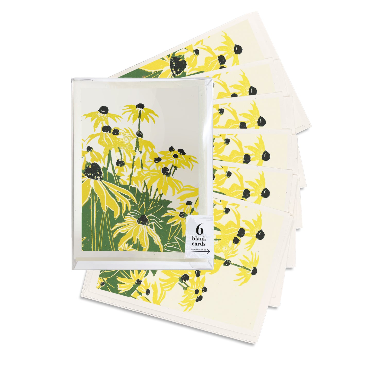Black Eyed Susan's. A casually elegant card featuring a digital reproduction of a block print design with the same title by Natalia Wohletz of Peninsula Prints, Milford and Mackinac Island, Michigan.