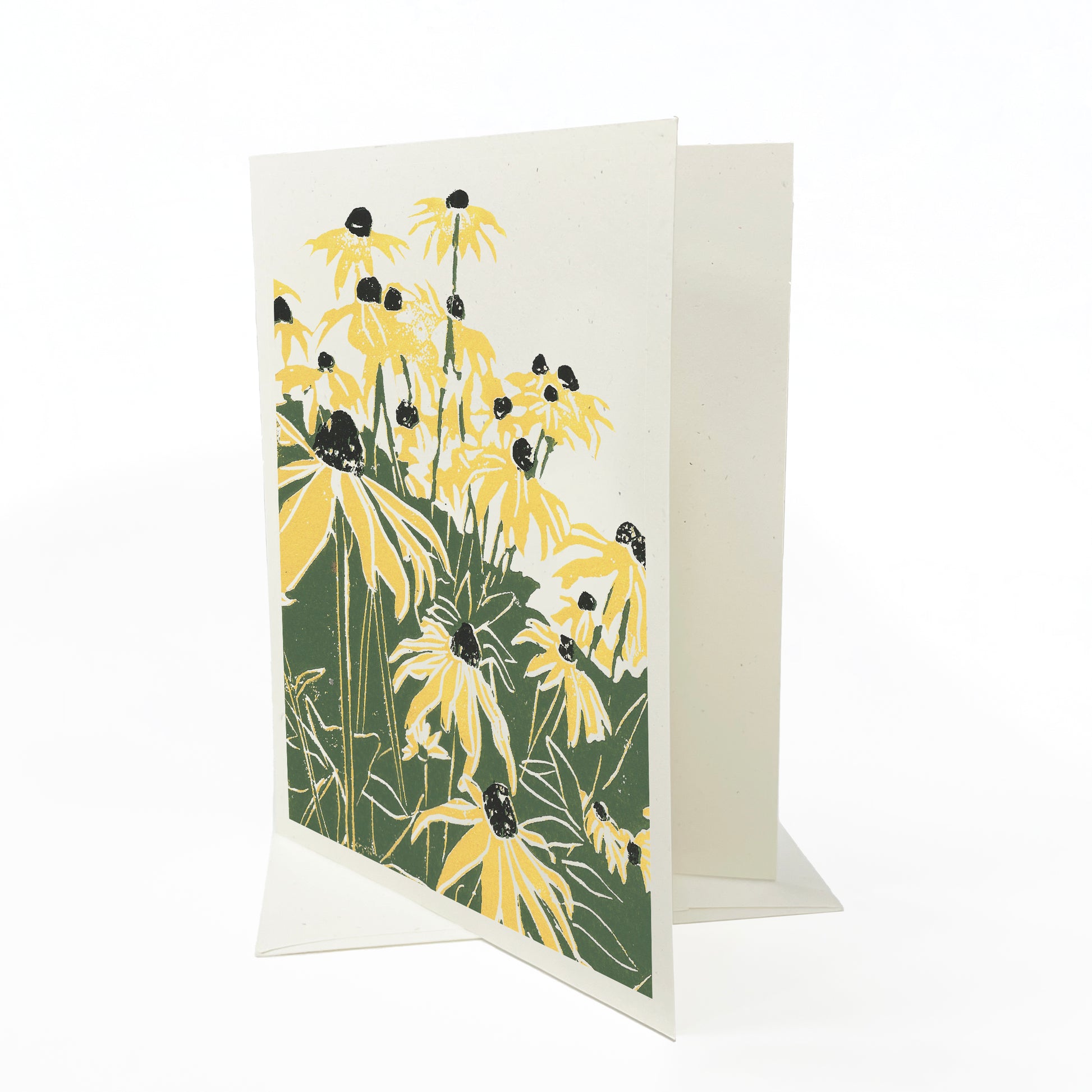 Black Eyed Susan's. A casually elegant card featuring a digital reproduction of a block print design with the same title by Natalia Wohletz of Peninsula Prints, Milford and Mackinac Island, Michigan.