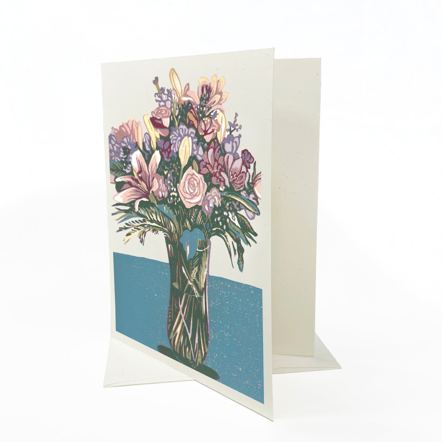 Bouquet.  A casually elegant card featuring a digital reproduction of a block print design with the same title by Natalia Wohletz of Peninsula Prints, Milford and Mackinac Island, Michigan.