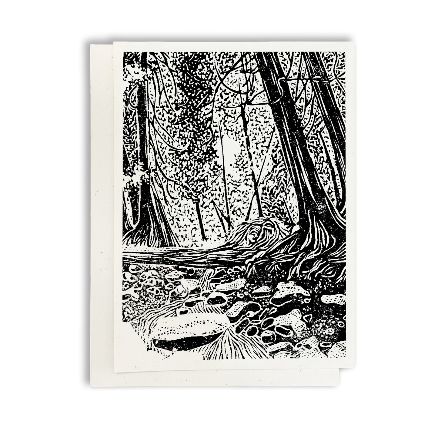 Brown's Brook. A casually elegant card featuring a digital reproduction of a block print design with the same title by Natalia Wohletz of Peninsula Prints, Milford and Mackinac Island, Michigan.