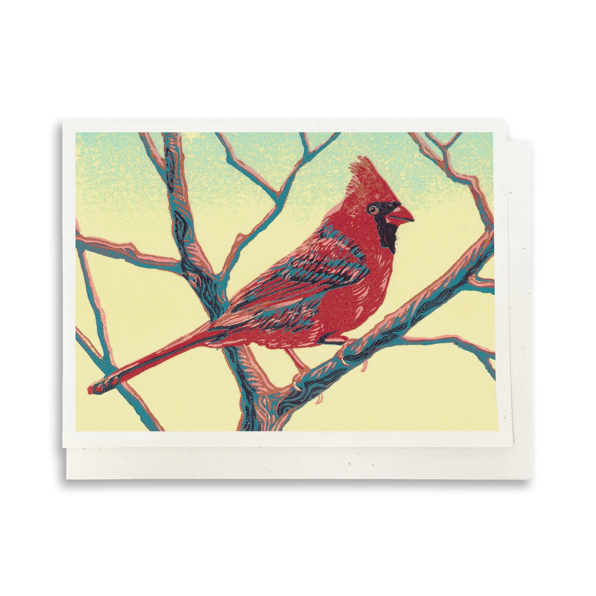 Cardinal.  A casually elegant card featuring a digital reproduction of a block print design with the same title by Natalia Wohletz of Peninsula Prints, Milford and Mackinac Island, Michigan.