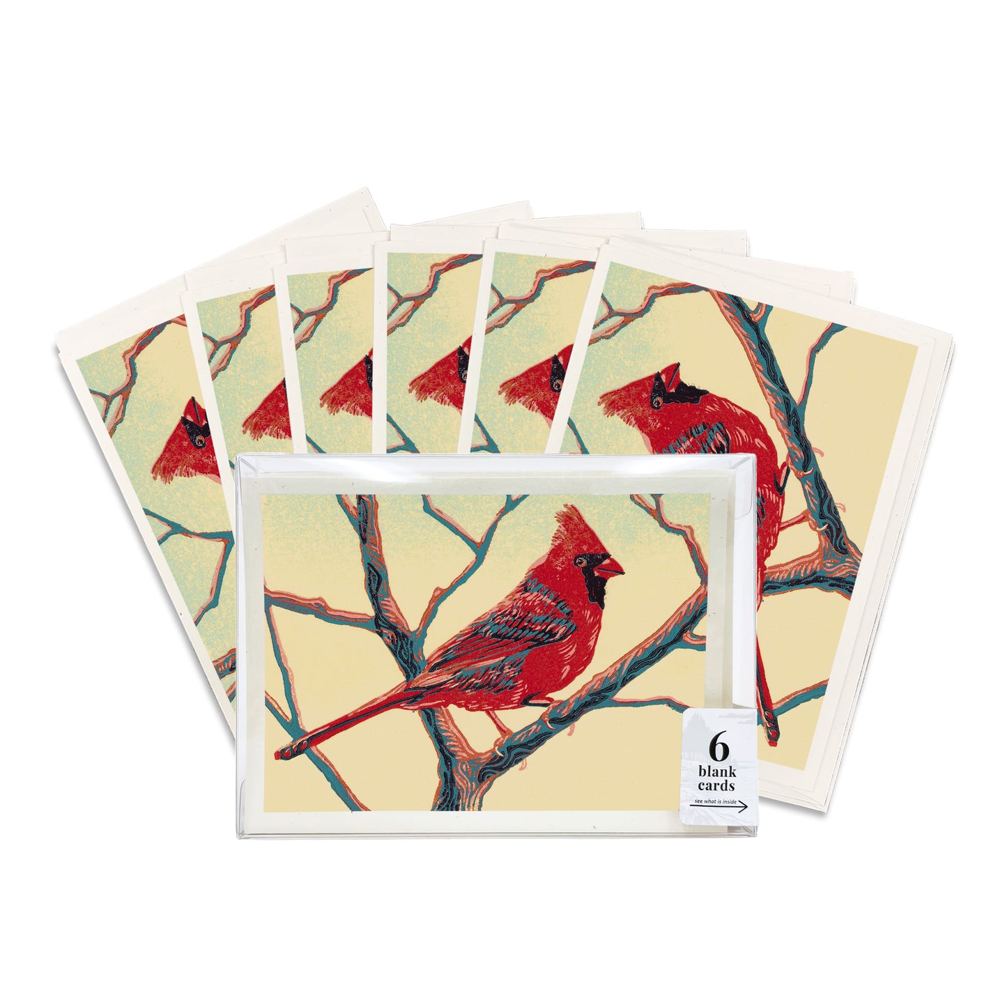Cardinal.  A casually elegant card featuring a digital reproduction of a block print design with the same title by Natalia Wohletz of Peninsula Prints, Milford and Mackinac Island, Michigan.