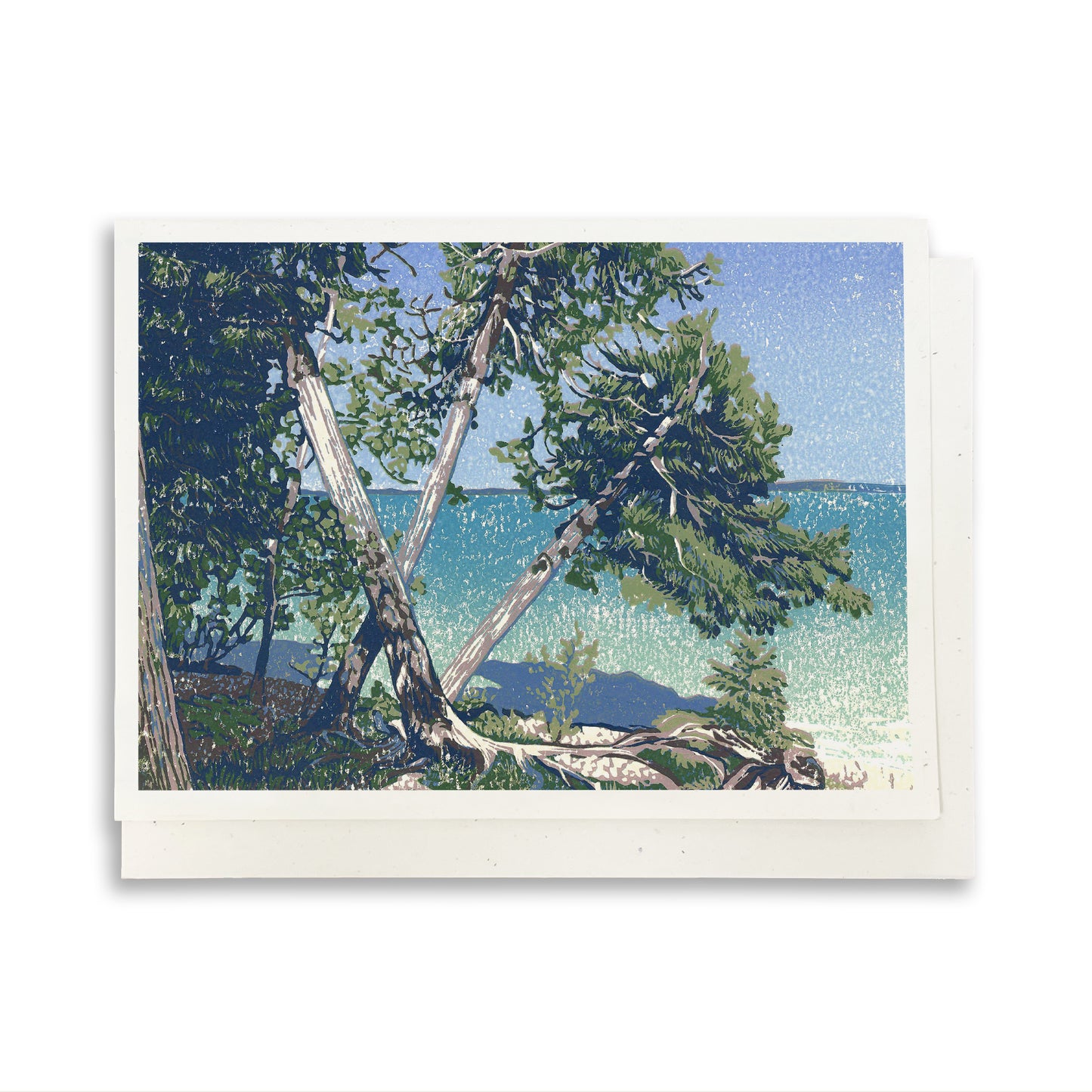 Cedar Beach.  A casually elegant card featuring a digital reproduction of a block print design with the same title by Natalia Wohletz of Peninsula Prints, Milford and Mackinac Island, Michigan.