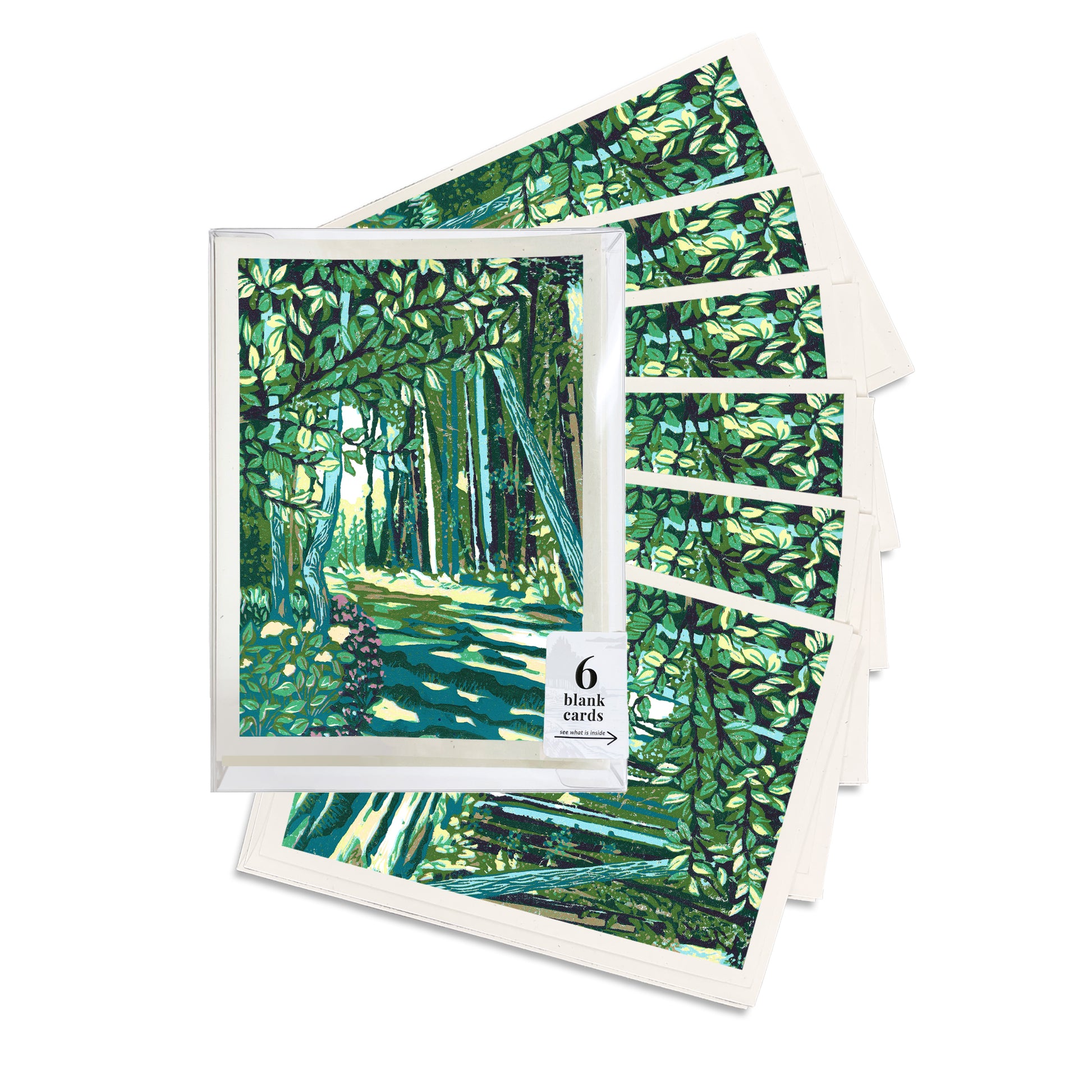 Cedar Trail Greeting Card, a block print design by Natalia Wohletz of Peninsula Prints.