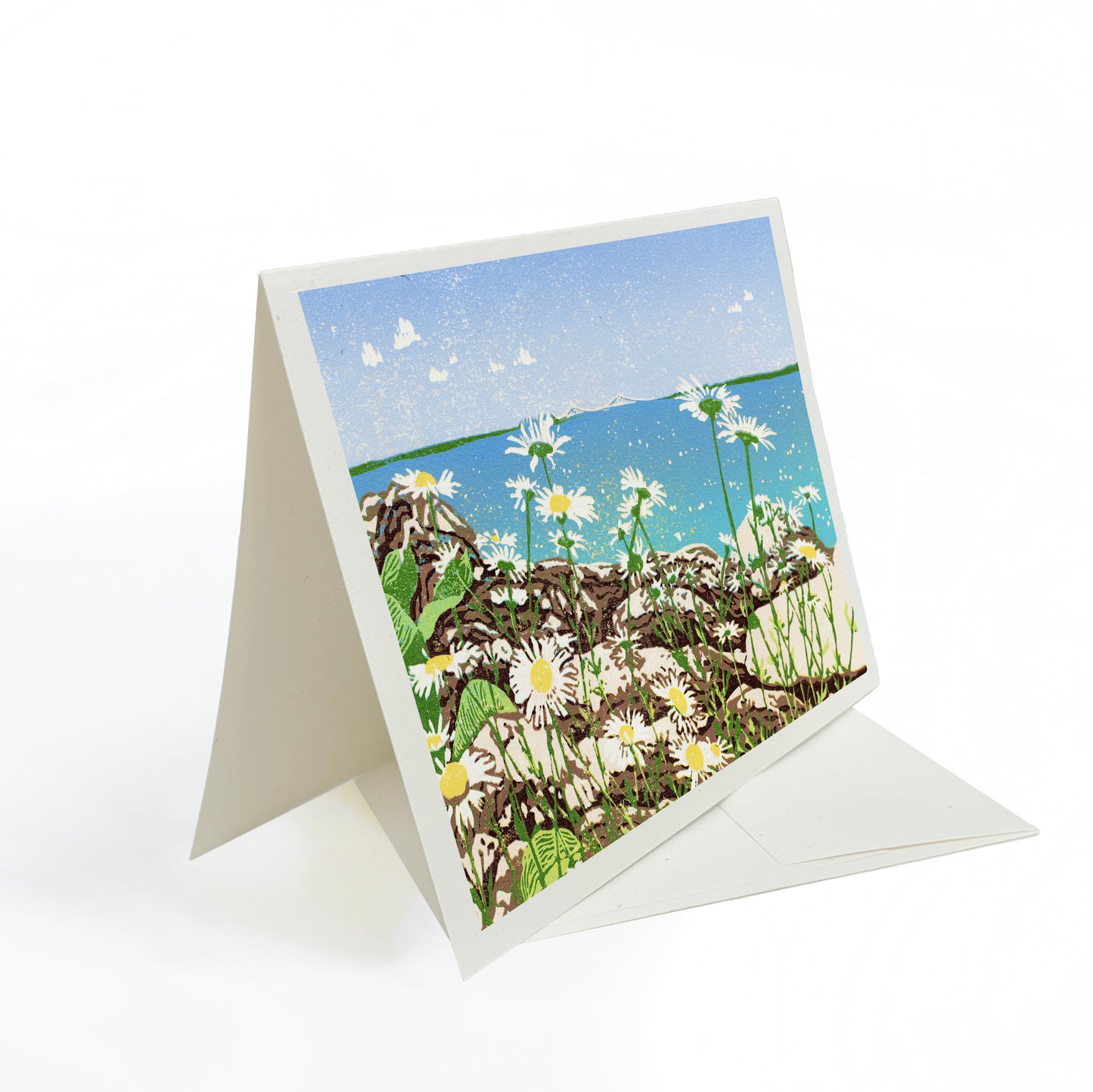 Blank greeting card featuring the block print "Daisy Shore" by Natalia Wohletz of Peninsula Prints.