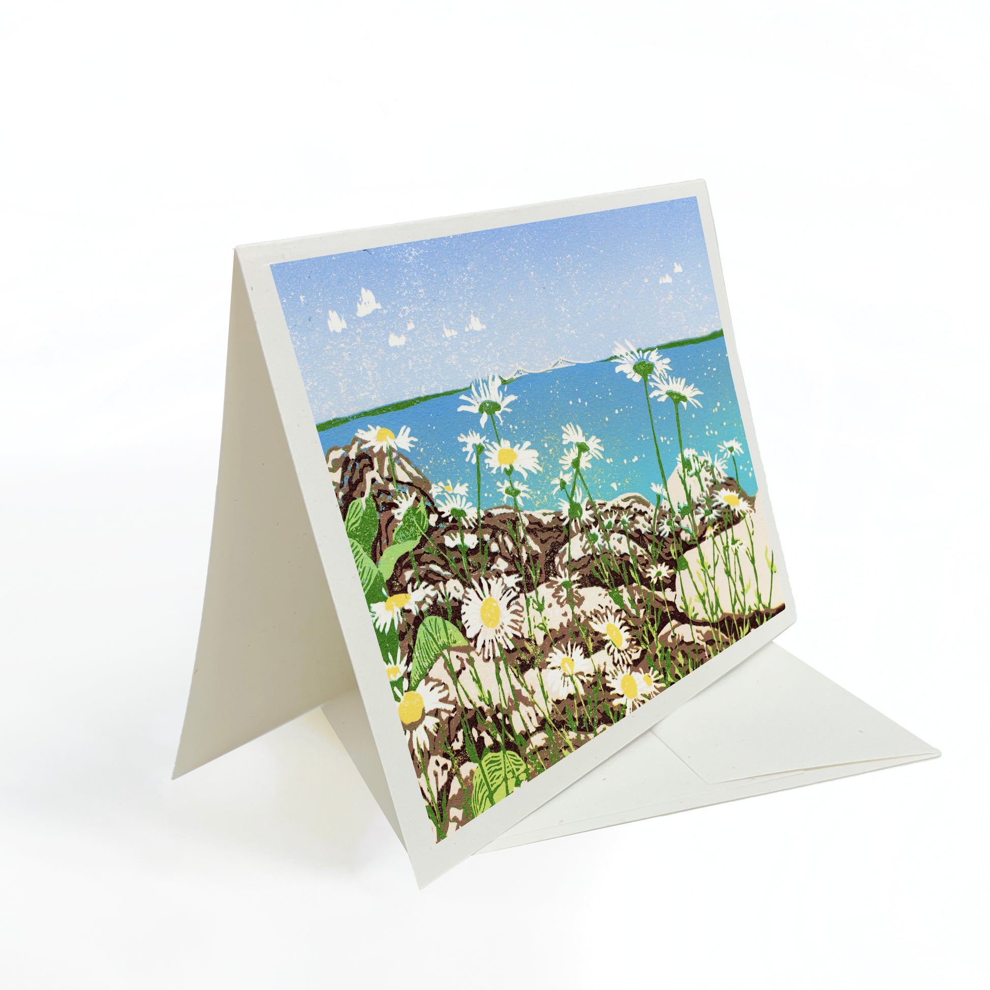 Blank greeting card featuring the block print "Daisy Shore" by Natalia Wohletz of Peninsula Prints.