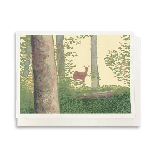 Deer in the Woods. A casually elegant card featuring a digital reproduction of a block print design with the same title by Natalia Wohletz of Peninsula Prints, Milford and Mackinac Island, Michigan.