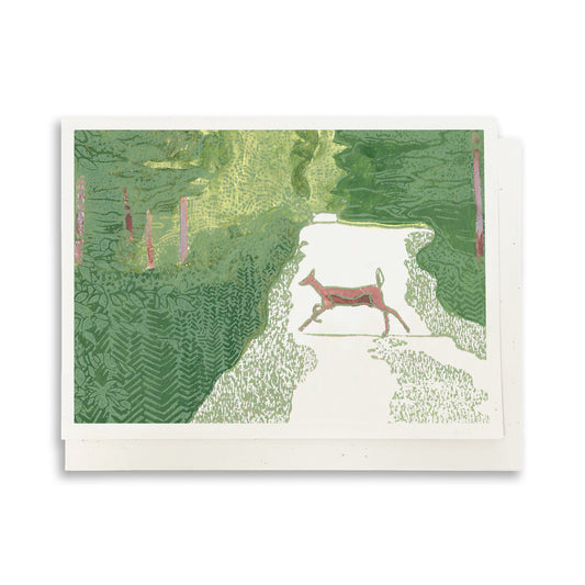 Doe Crossing.  A casually elegant card featuring a digital reproduction of a block print design with the same title by Natalia Wohletz of Peninsula Prints, Milford and Mackinac Island, Michigan.
