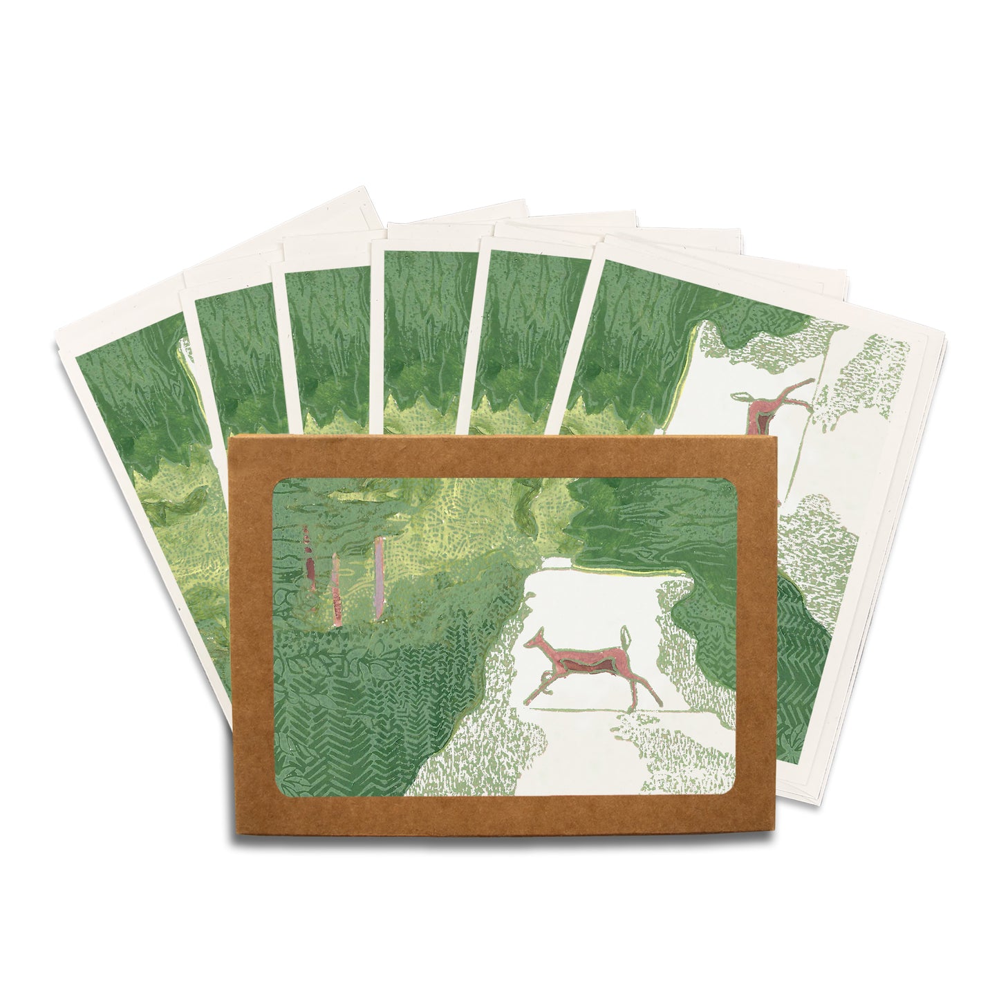 Doe Crossing. A casually elegant card featuring a digital reproduction of a block print design with the same title by Natalia Wohletz of Peninsula Prints, Milford and Mackinac Island, Michigan.