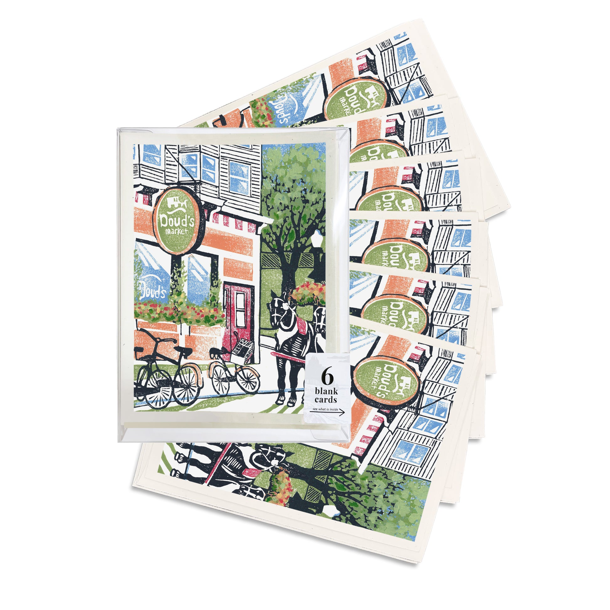 Doud's Market #2. A boxed set of six casually elegant cards featuring a digital reproduction of a block print design with the same title by Natalia Wohletz of Peninsula Prints, Milford and Mackinac Island, Michigan.